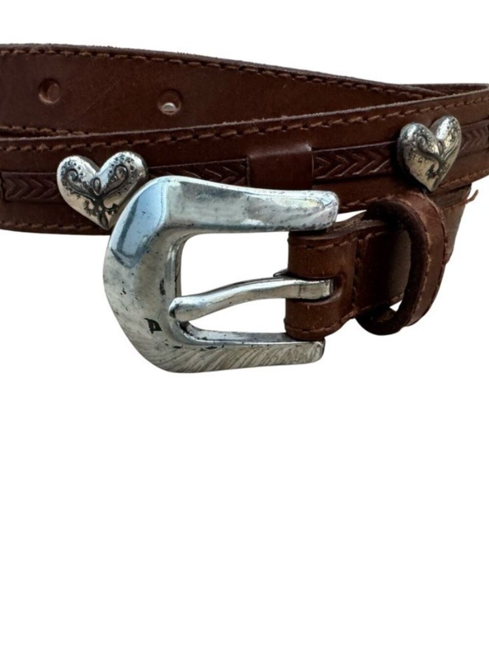 Vintage 1990s Fossil Brown Leather Silver Heart Studded Skinny Waist Belt Sz S
